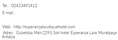 Esperanza Boutique Hotel telefon numaralar, faks, e-mail, posta adresi ve iletiim bilgileri